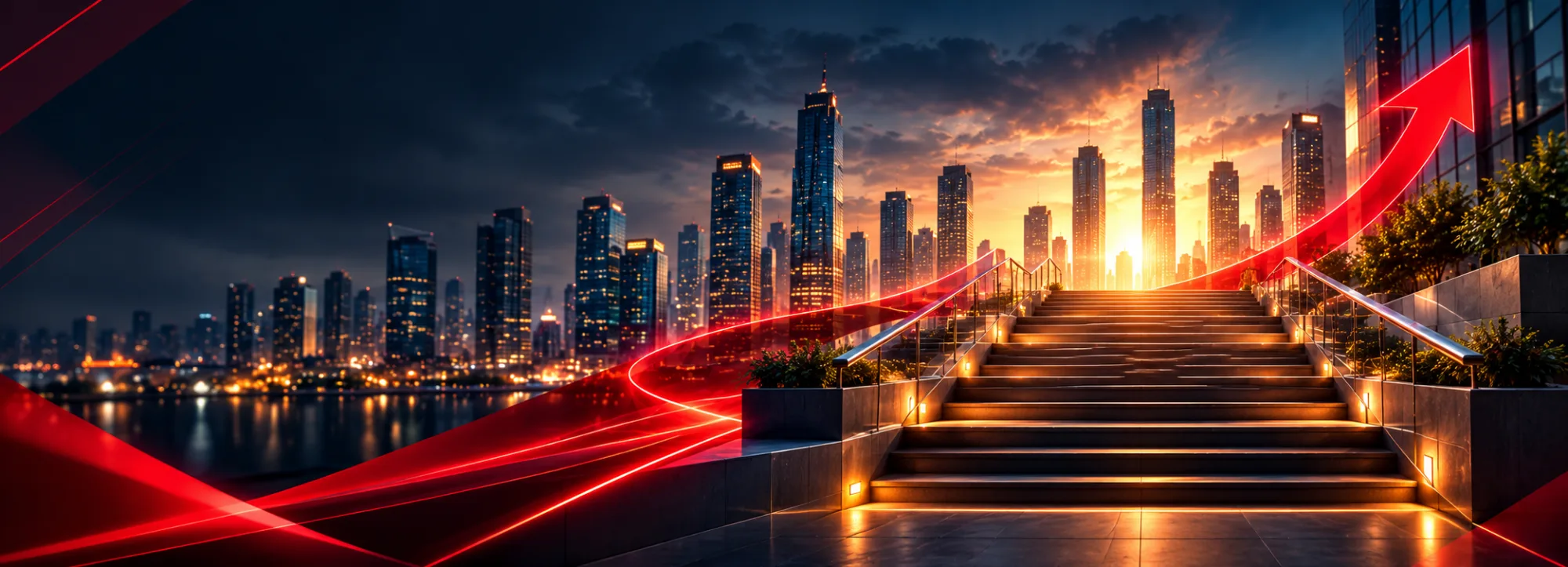 Futuristic Cityscape with Rising Red Arrow